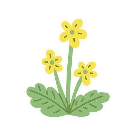 Primrose Hand drawn Icon. Cute Minimal Yellow Flower Blossom with Green Leaves. Childish Cut out Plant Element. Decorative Garden vector illustrationのイラスト素材