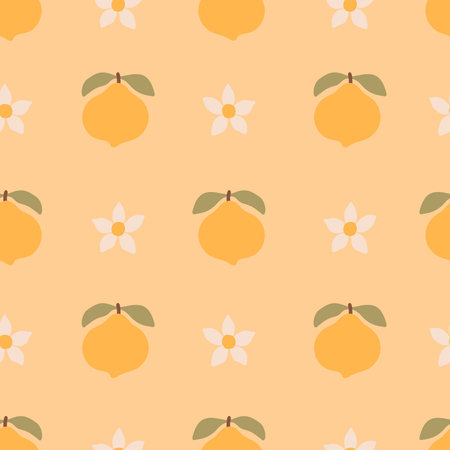 Lemon Fruit Blossom Seamless Pattern. Bright hand Drawn Yellow Citrus Background with White Flowers...