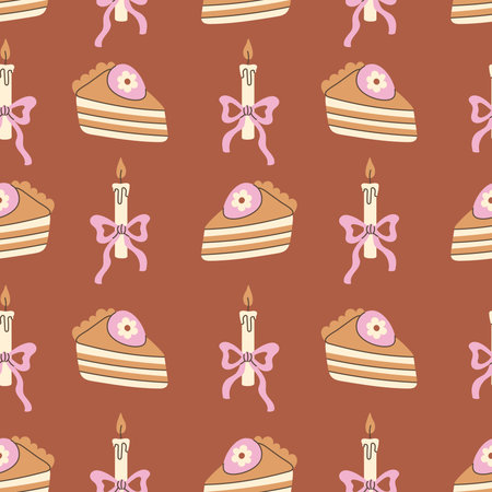 Easter Food Cake Candle Seamless Pattern. Sweet delicious holiday dessert slice bow ribbon...