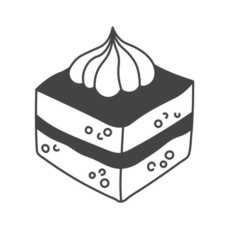 Cube Cake Slice with Whipped Cream Minimal hand drawn layered sweet dessert icon with dark topping swirl. Stylish black ink confectionery element Vector illustrationのイラスト素材