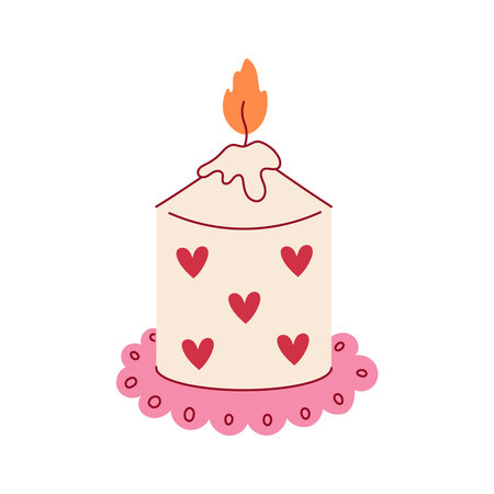Heart Candle on Lace Doily Illustration. Wax piece with romantic pattern on Coquette decorative napkin. Feminine pastel flat vector artwork with glowing flame.のイラスト素材