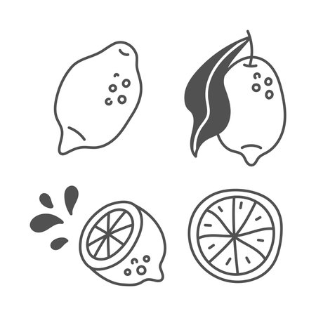 Lemon Drawn Elements Collection. Playful Citrus Fruit Doodle Icons Set. Whole Half with Leaf Slice Spray Lemonade Juicy Symbols. Vector illustrationのイラスト素材