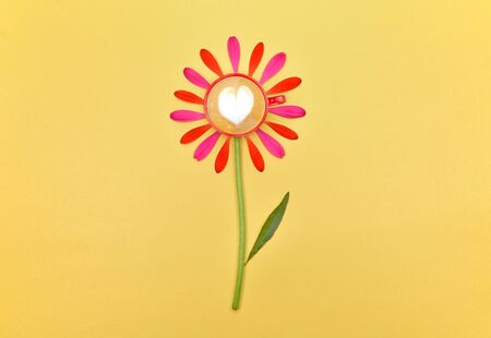 A cup of coffee. Spring floral background with space for text. Floral background. Flowers and...
