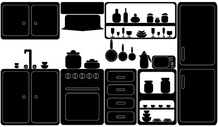 KitcheBlack-and-white kitchen with home appliances and dishwaren in black-and-whiteのイラスト素材
