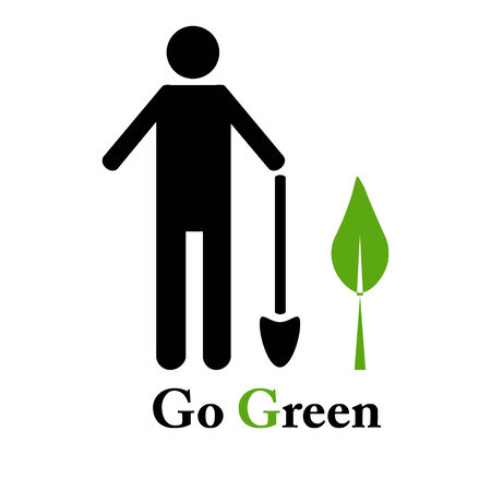 Human with shovel and green plant nearby as Go Green symbolのイラスト素材