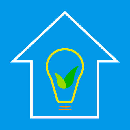 Eco house sign. Building with lamp and green leaves as idea of eco-friendly source of energyのイラスト素材