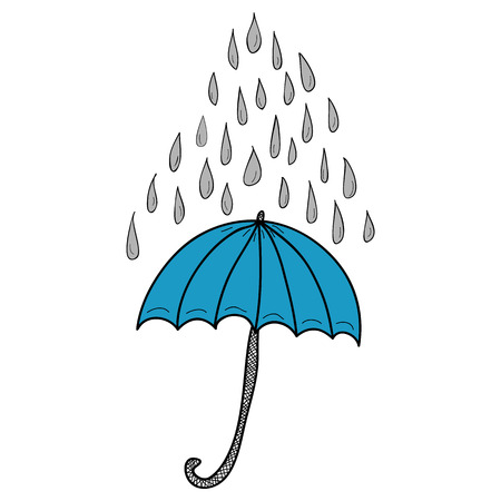Doodle blue umbrella and grey raindrops on white backgroundのイラスト素材