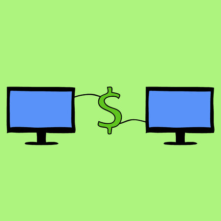 Doodle style two computers connected with dollar sign. E-commerce and business online
