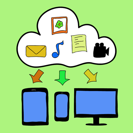 Doodle style computer, tablet  and smart phone with cloud as symbol of cloud computing. Information storageのイラスト素材