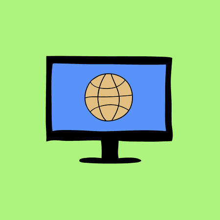 Doodle style computer monitor with uploading sign. Data downloadingのイラスト素材