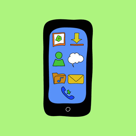 Colorful doodle style smartphone with different applicaions iconsのイラスト素材