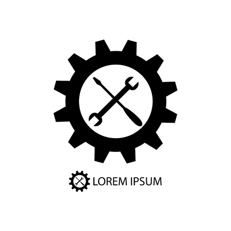 Black gear wheel and piece as logo with copy space on white backgroundのイラスト素材