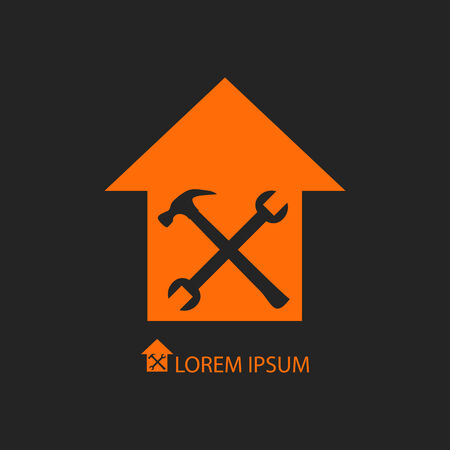 Orange house repair or building on black. House with crossed spanner and hammerのイラスト素材