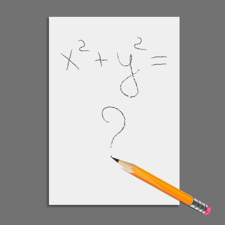 Sheet of paper with graphite pencil and equation without answer. Mathematicsのイラスト素材