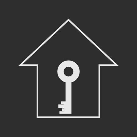 Simple white house with key on dark grey background. Real estate, privacy or mortgage symbolのイラスト素材