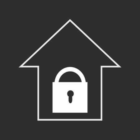 Simple white house with lock on dark grey background. House securityのイラスト素材