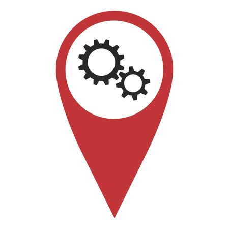 Red geo pin with gear wheels on white. Maintenance sign, geolocation and navigationのイラスト素材