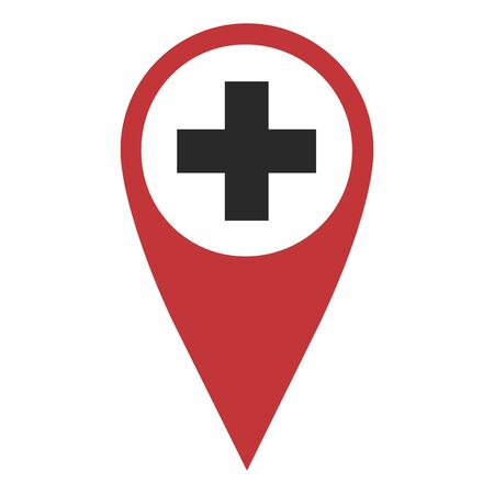 Red geo pin with cross on white. Hospital or drugstore sign,  Geolocation and navigationのイラスト素材
