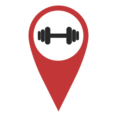Red geo pin with dumbbell on white. Sport club signs, geolocation and navigationのイラスト素材