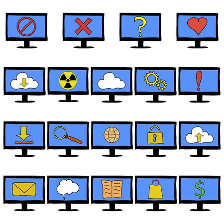 Set of doodle cartoon computer monitors showing different functionsのイラスト素材