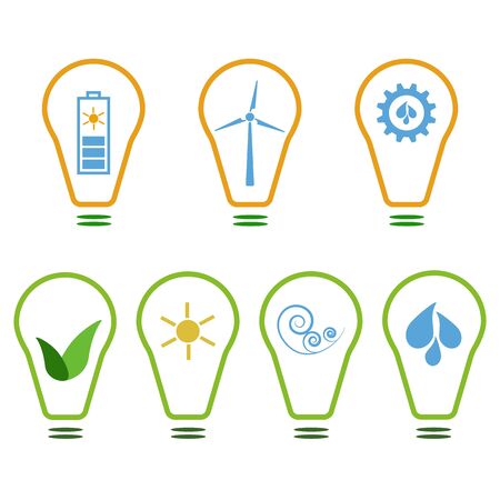 Set of symbols presenting eco-friendly energy sources. Sun, wind and waterのイラスト素材