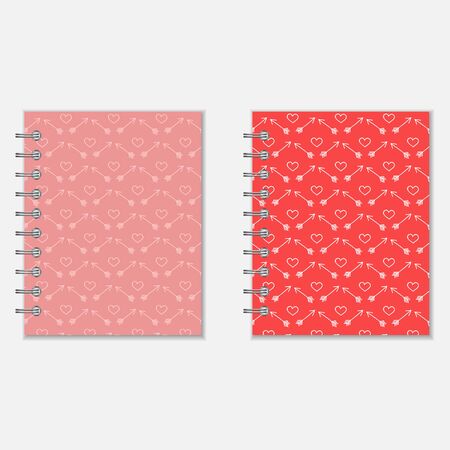 Notebook cover design with heart and arrows pattern. Love diary in pink and red colorsのイラスト素材