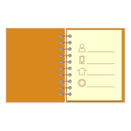 Ring-bound notebook with personal information. Orange cober pocket book on white backgroundのイラスト素材