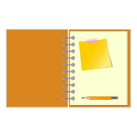 Open notebook with yellow sticker and pencil on white backgroundのイラスト素材