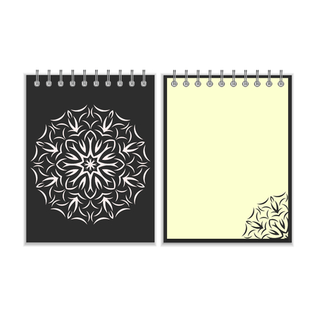 Black cover notebook with ornate flower white round pattern and same design element on the pages. Isolated on white backgroundのイラスト素材