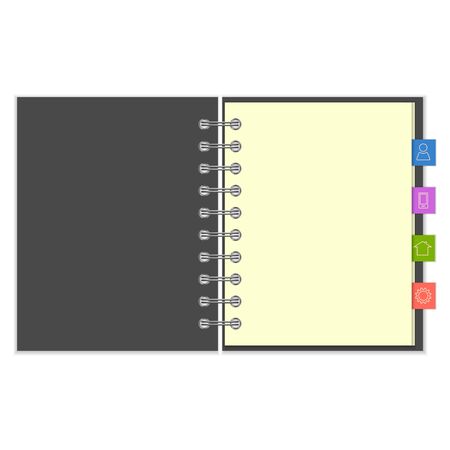 Open blank ring-bound notebook with grey cover and colorful information bookmarksのイラスト素材