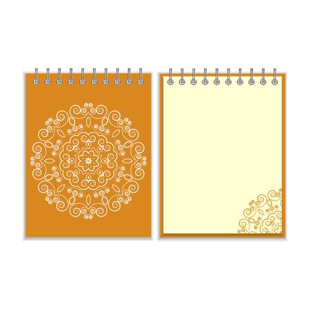 Orange cover notebook with ornate floral white round pattern and same design element on the pages. Isolated on white backgroundのイラスト素材