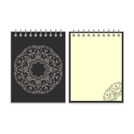 Notebook with black cover and ornate flower white round pattern and same design element on the pages. Isolated on white backgroundのイラスト素材