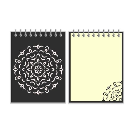 Ring-bound notebook with black cover and ornate flower white round pattern and same design element on the pages. Isolated on white backgroundのイラスト素材