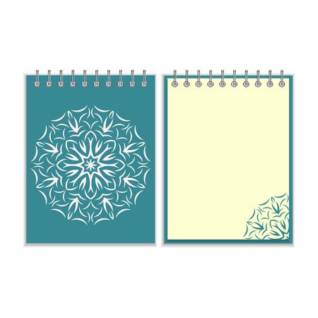 Blue cover notebook with ornate flower white round pattern and same design element on the pages. Isolated on white backgroundのイラスト素材