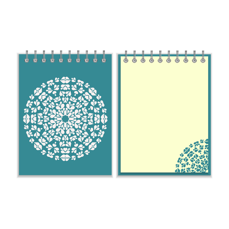 Blue cover notebook with ornate white round pattern and same design element on the pages. Isolated on white backgroundのイラスト素材
