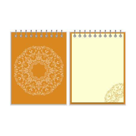 Notebook with orange cover and ornate flower white round pattern and same design element on the pages. Isolated on white backgroundのイラスト素材