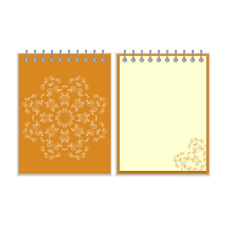 Notebook with orange cover and ornate flower white star pattern and same design element on the pages. Isolated on white backgroundのイラスト素材