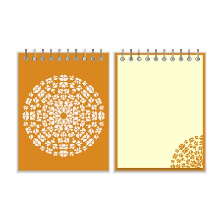 Orange cover notebook with ornate white round pattern and same design element on the pages. Isolated on white backgroundのイラスト素材