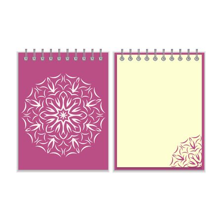 Purple cover notebook with ornate flower white round pattern and same design element on the pages. Isolated on white backgroundのイラスト素材