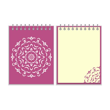 Ring-bound notebook with purple cover and ornate flower white round pattern and same design element on the pages. Isolated on white backgroundのイラスト素材