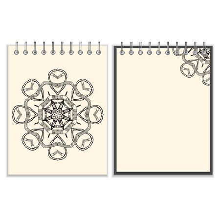 Ring-bound notebook with hand drawn black round pattern with snakes elements on white cover and pages. Isolated on whiteのイラスト素材