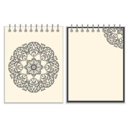 Ring-bound notebook with hand made black round pattern with snakes elements on white cover and pages, isolated on white backgroundのイラスト素材
