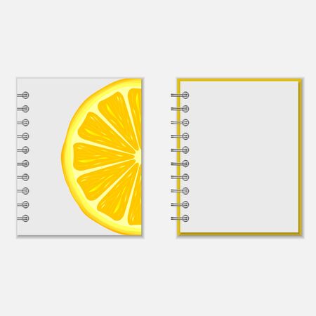 Ring-bound notebook cover design with bright lemon on white. Isolated on whiteのイラスト素材