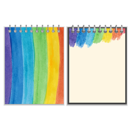 Notebook cover design with painted water color rainbow and colorful strokes on the page. Isolated on whiteのイラスト素材