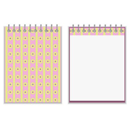 Floral style pink and yellow notebook cover design with same element on the page. Isolated on whiteのイラスト素材