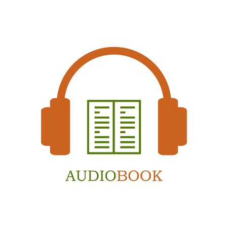 Green and orange audiobook icon on white background. Headphones and open bookのイラスト素材