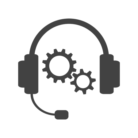Support service call. Headset with gearwheels. Grey and white illustrationのイラスト素材