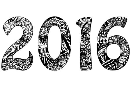 New Year 2016. Hand-drawn numerals with ornate unique pattern in zentangle style. Black and white illustrationのイラスト素材