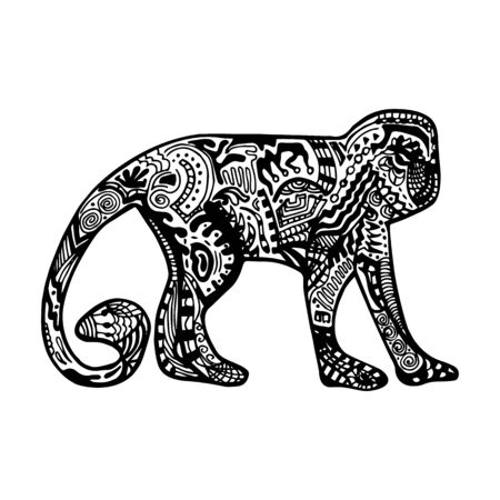 Black and white monkey with hand-drawn zentangle style patternのイラスト素材