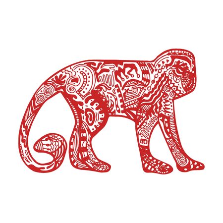 Red and white monkey with hand-drawn zentangle style patternのイラスト素材